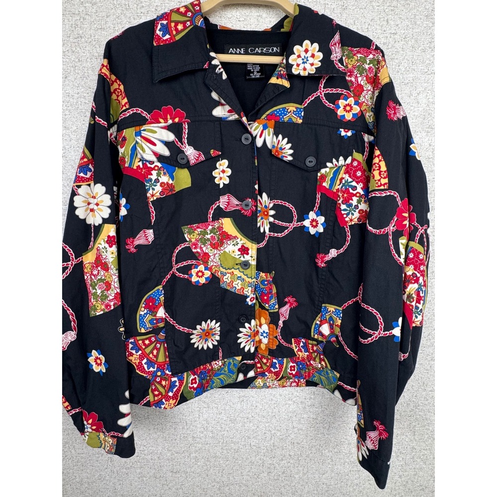Anne Carson Cotton Jacket — M —‎ Black Floral Fan Print Y2K Cropped Trucker
